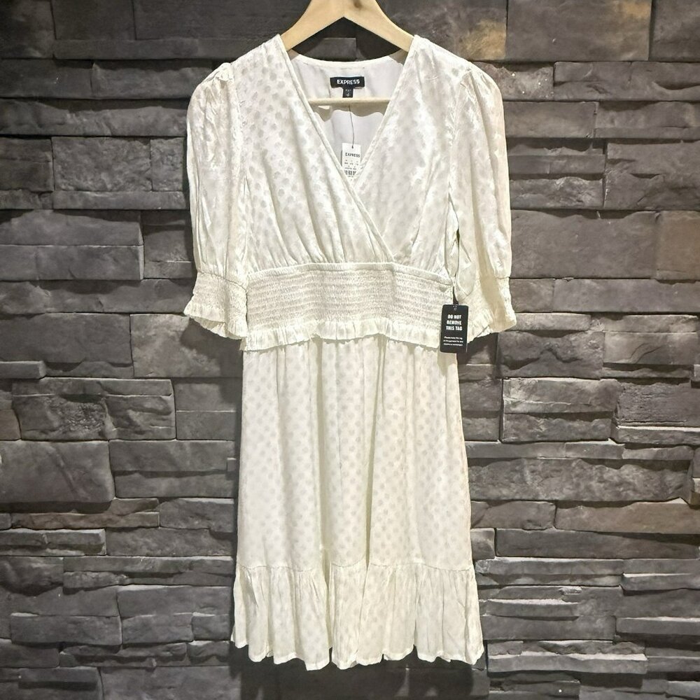 Express Ivory Smocked Puff Sleeve Dress Patterned Size Small Elastic Waist NWT